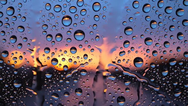 Raindrops on window glass with colorful sunset background