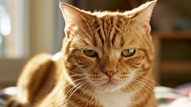 Close up ginger tabby feline pet with green eyes and white whiskers resting indoors in soft natural light showing detailed fur texture and calm expression in cozy home environment