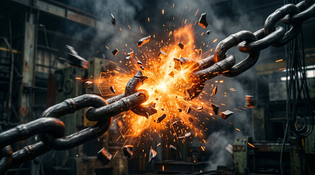 Heavy steel chain shatters with explosive force. Fragments fly as sparks erupt from the break. Industrial background hints at raw power