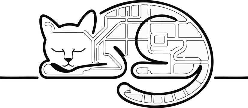 Stylized cat silhouette with integrated circuit board pattern, modern tech concept, isolated on transparent background.
