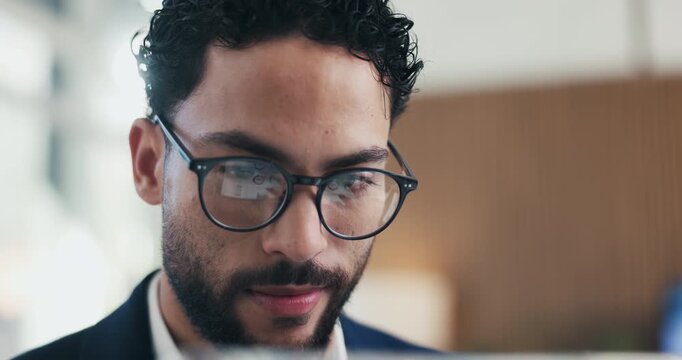 Business, man and glasses with tablet in office for income report, market trends and data analysis. Eyewear reflection, financial analyst and tech for budget forecasting, track KPI and finance news