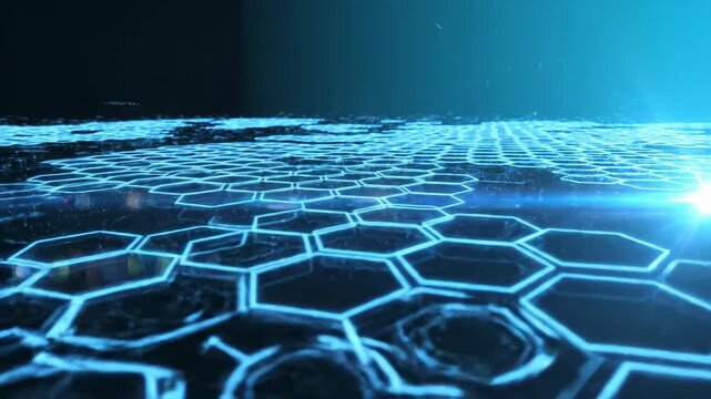 Futuristic Blue Hexagon Grid Surface with Glowing Lines and Light Flare, Abstract Technology Background.