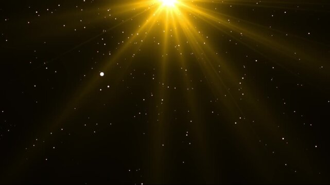 Abstract golden sun light flare with glitter dust, floating sparkling stars, luxury bokeh particles and magic lens rays on black background, christmas and new year motion design element 4K