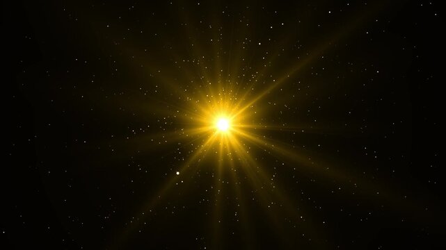 Abstract golden sun light flare with glitter dust, floating sparkling stars, luxury bokeh particles and magic lens rays on black background, christmas and new year motion design element 4K