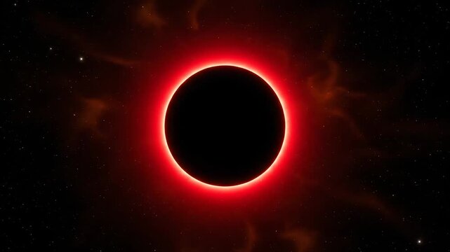 A stylized depiction of a solar eclipse in space, with glowing orange corona