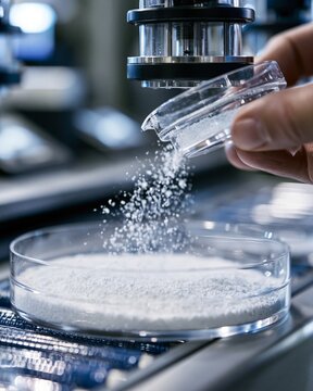 Close medium shot of powders being carefully handled and transferred on a biobased carbon precursor line focused on sustainable material production.