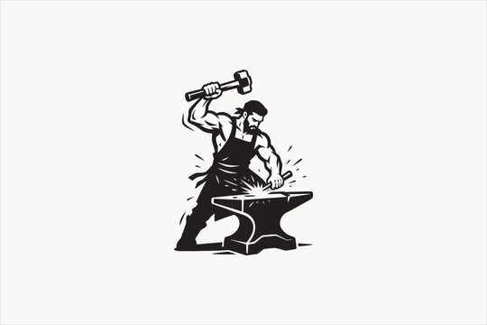 Blacksmith forging hot metal with hammer vector illustration, muscular craftsman working on anvil isolated on clean background for industry themes. Vector illustration.