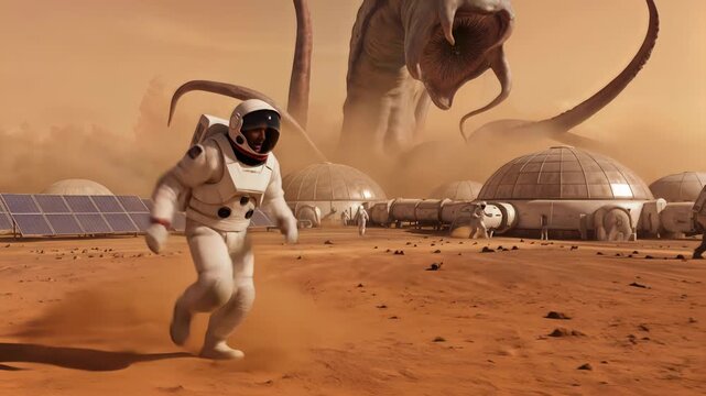 Astronauts fleeing from giant sand worm attacking planetary colony on Mars. Sci-fi survival concept on desert planet with dome habitats. Panning tracking shot.