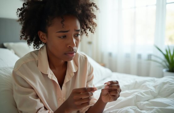 Young Black woman sits on bed holding pregnancy test. She looks worried about result and future. Woman feels anxious about unwanted pregnancy.