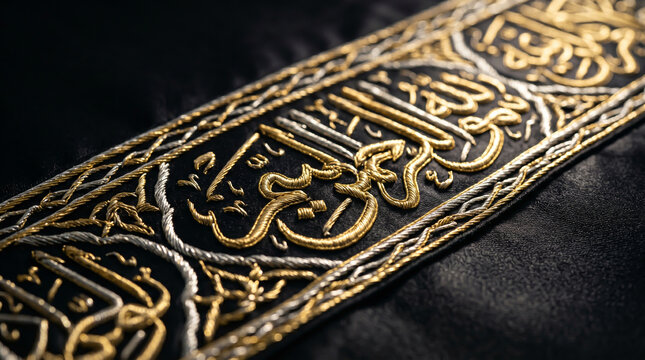 A close-up view reveals intricate gold and silver Arabic calligraphy embroidered on the rich black fabric of the Kiswah covering the holy Kaaba in Mecca.