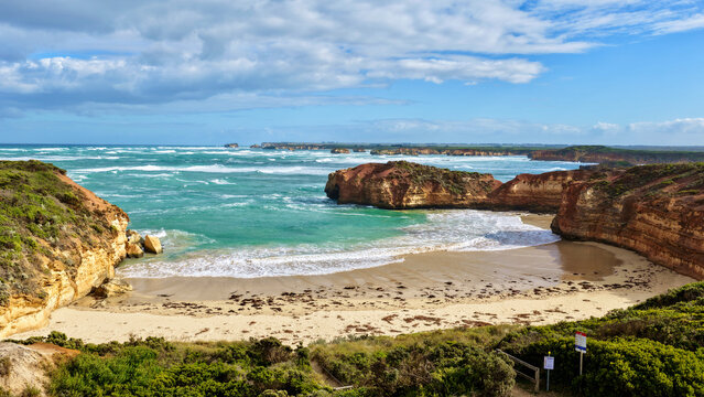 Bay of Martyrs, Great Ocean Road, Peterborough, Victoria, Australia &ndash; 4K Aerial Drone View of Martyrs Beach, Worm Bay, Rugged Cliffs, Turquoise Ocean, Coastal Townscape and Scenic Coastline.