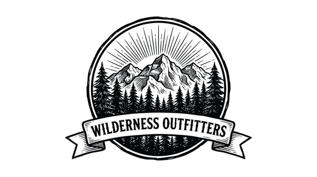 A vintage-style circular logo for Wilderness Outfitters, featuring a majestic mountain range, pine trees, and radiating sunbeams.