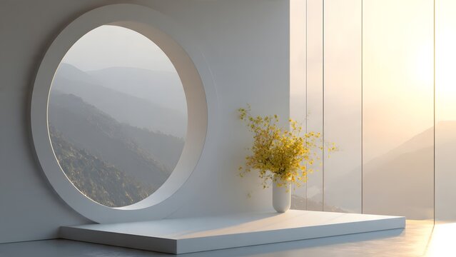 Round Window View of Mountain Range with Yellow Flower Arrangement in Modern Room