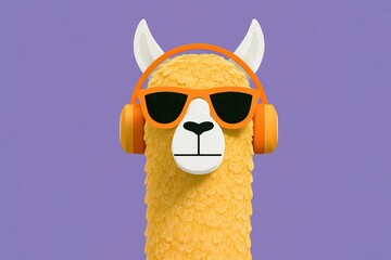 Fototapeta premium Cool llama wearing headphones and sunglasses on a vibrant purple background