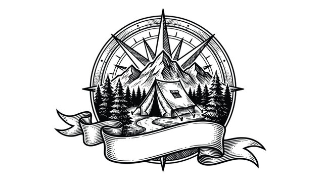 Vintage compass rose illustration featuring a mountain landscape with a tent and pine trees, overlaid with a blank banner for text.