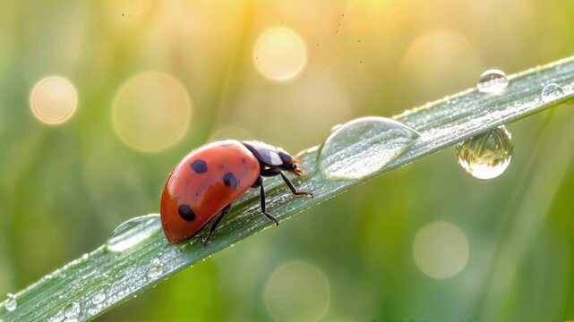 Ladybug crawling on green grass blade with morning dew. Macro view of Coccinella septempunctata in sunlit meadow. Lockdown shot.