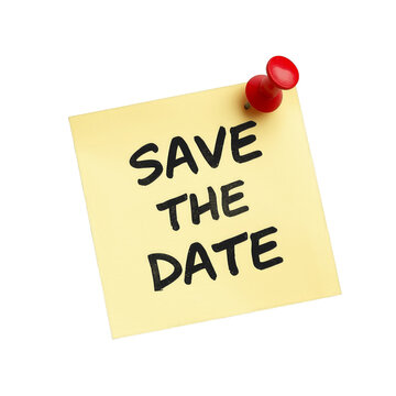 A yellow sticky note with save the date text on transparent background