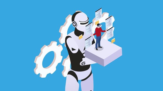 Giant Robot Supporting User in Virtual Reality Environment with Floating Data Interfaces and Gears 3d animation cartoon
