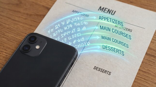 Smartphone scanning a restaurant menu with augmented reality overlay highlighting food categories.