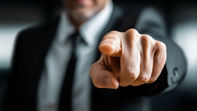 Professional businessman in a formal suit wearing a necktie points his finger directly at the viewer in this high quality and sharp close up photograph image