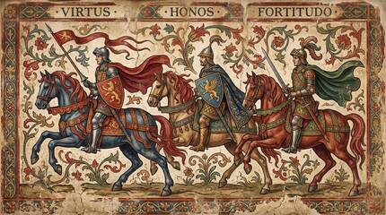 Fototapeta premium Decorative frieze showing three mounted knights in armor galloping across floral background with ornate swirls and patterns, rendered in medieval illuminated ... See More