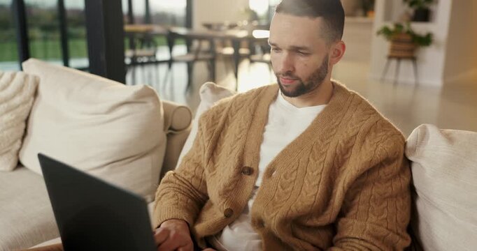 Thinking, remote work and man with laptop on couch, planning and website testing or upgrade proposal. Review, freelance and web designer with pc for domain maintenance, home and homepage optimization
