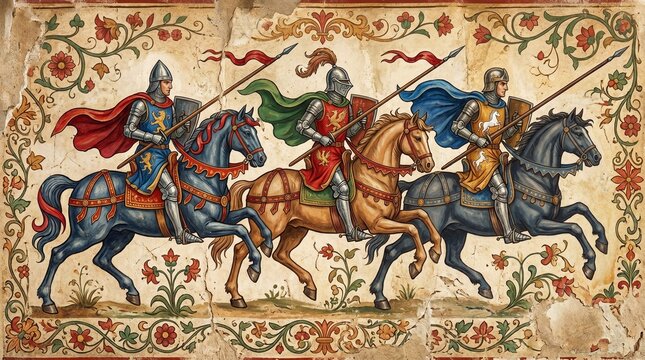 Decorative frieze showing three mounted knights in armor galloping across floral background with ornate swirls and patterns, rendered in medieval illuminated ... See More