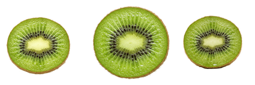 A set of fresh kiwi fruit slices isolated on white background, vibrant green cross sections showing seeds and juicy texture healthy food PNG

