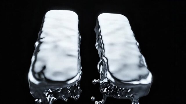 Professional abstract liquid chrome pause icon morphing smoothly with fluid metallic motion, reflective silver surface, black studio background, realistic liquid simulation, cinematic rim lighting