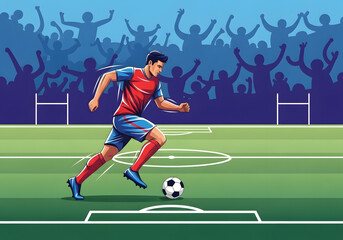 Naklejka premium Soccer player kicks ball on green field with cheering crowd in background
