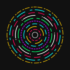 Fototapeta premium Futuristic digital technology concept with colorful concentric dashed circular rings over a solid black illustration