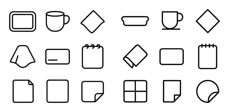 Office and stationery design icons with cup, notebook and paper for business presentation in minimal outline style