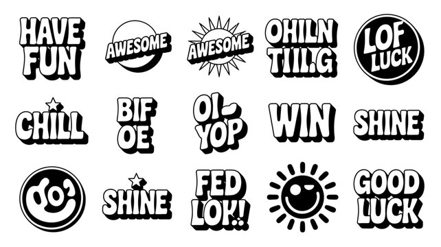 Collection of black and white inspirational bubble style text graphics on a white background