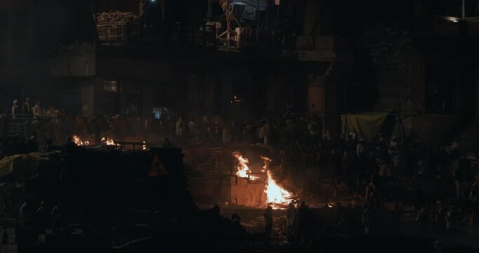 Varanasi, Uttar Pradesh, India. Cremation In Process On Manikarnika Ghat.