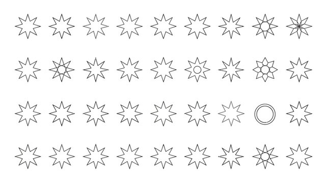 Collection of starburst shapes and a single circle black line art on a white background