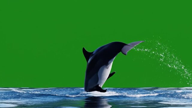Orca and dolphin jumping with powerful splash in ocean water, dynamic marine aquatic wildlife scene showcasing black killer whale and playful nature environment full of energy