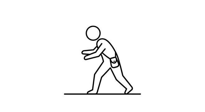 Stick figure man with fanny pack walking, stealthy movement, minimalist line art