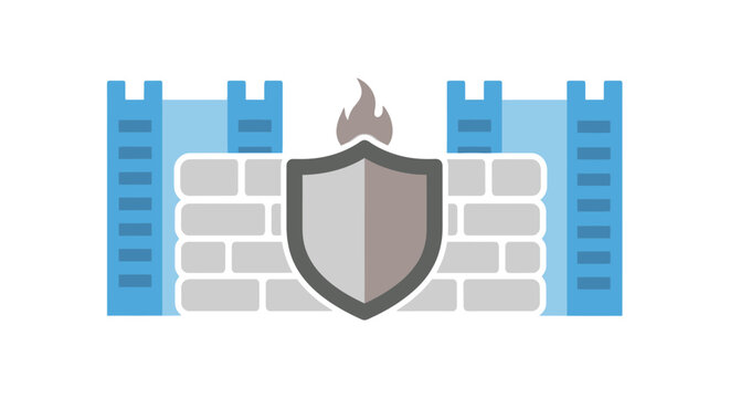firewall icon with shield and castle towers flat vector illustration