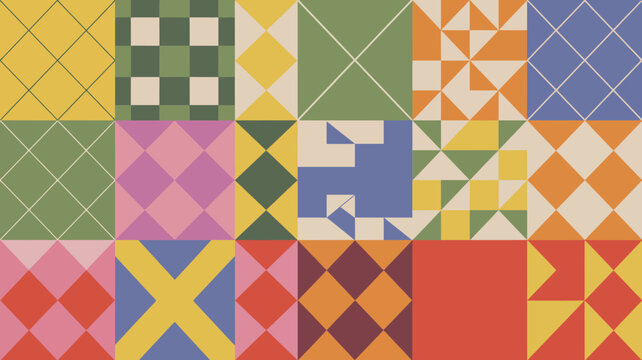 geometric patchwork pattern with colorful triangles and squares abstract quilt design
