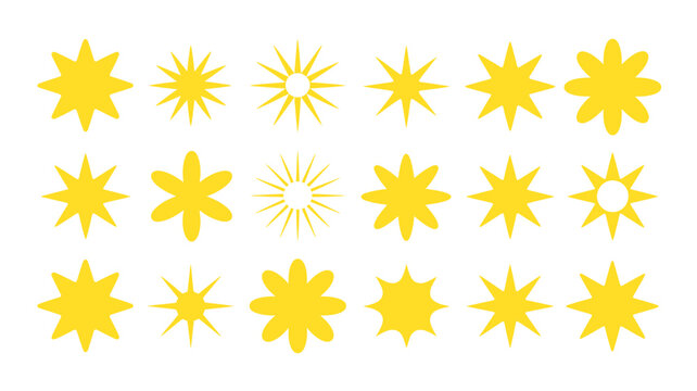 Collection of yellow starburst shapes and floral star designs on a white background