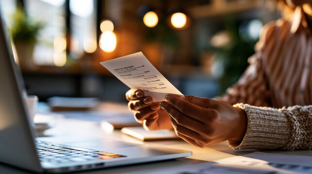 A pair of European hands holds a soft glowing donation receipt on a bright modern desk near a calm laptop in soft daylight donation receipt faceless detail softly