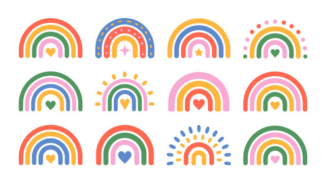 collection of colorful rainbow illustrations with hearts and stars on a white background