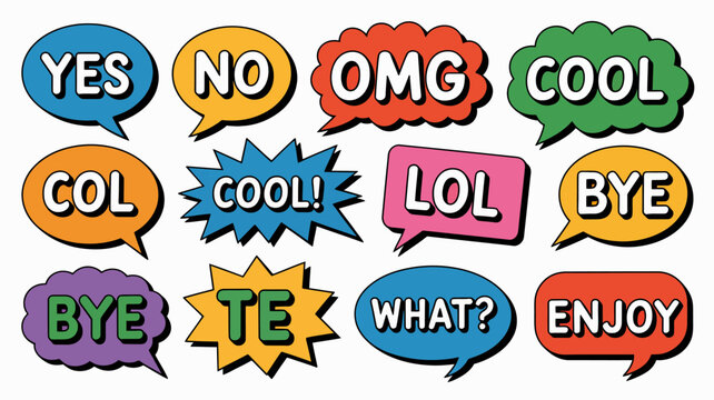 Colorful speech bubble set with common internet slang and expressions on a white background