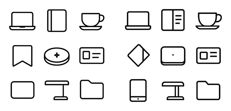Office and workspace UI elements with laptop, cup and folder for web design in minimal outline style