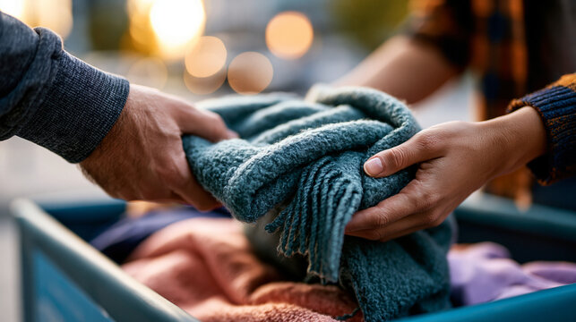 A pair of European hands offers soft blankets to a bright donation box in a calm community aid moment in soft daylight clothes giving faceless detail softly defocused backdrop