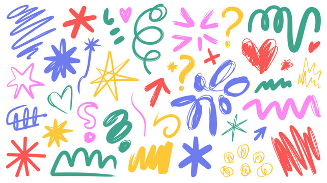 colorful doodle collection with stars hearts and question marks on a white background