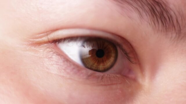 Extreme close-up of a human eye with brown iris and visible skin texture