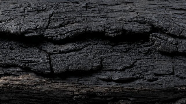 Charred black wood texture with cracked bark and carbonized timber surface in dark minimal design. Abstract burnt charcoal background with rough grain and copy space for creative layouts