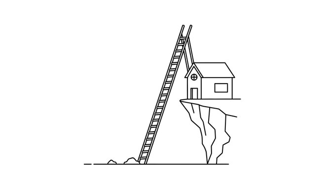 House on cliff edge with ladder, risk, danger, precarious situation, precarious living