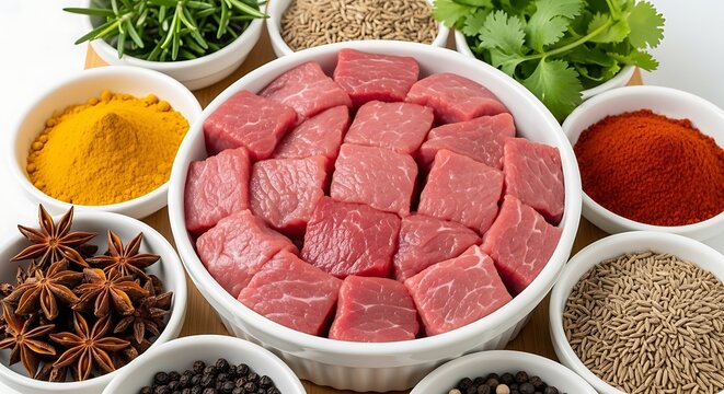 Bowl of raw beef cubes surrounded by various spices and herbs
